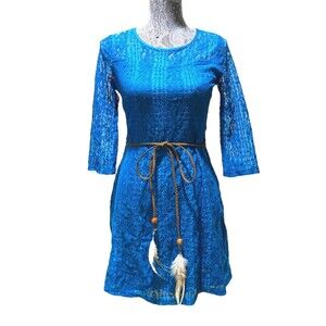 Ruby Rox Lace Bodycon Dress 3/4 Sleeve Feather Tassel Accent Belt Mini Stretch M